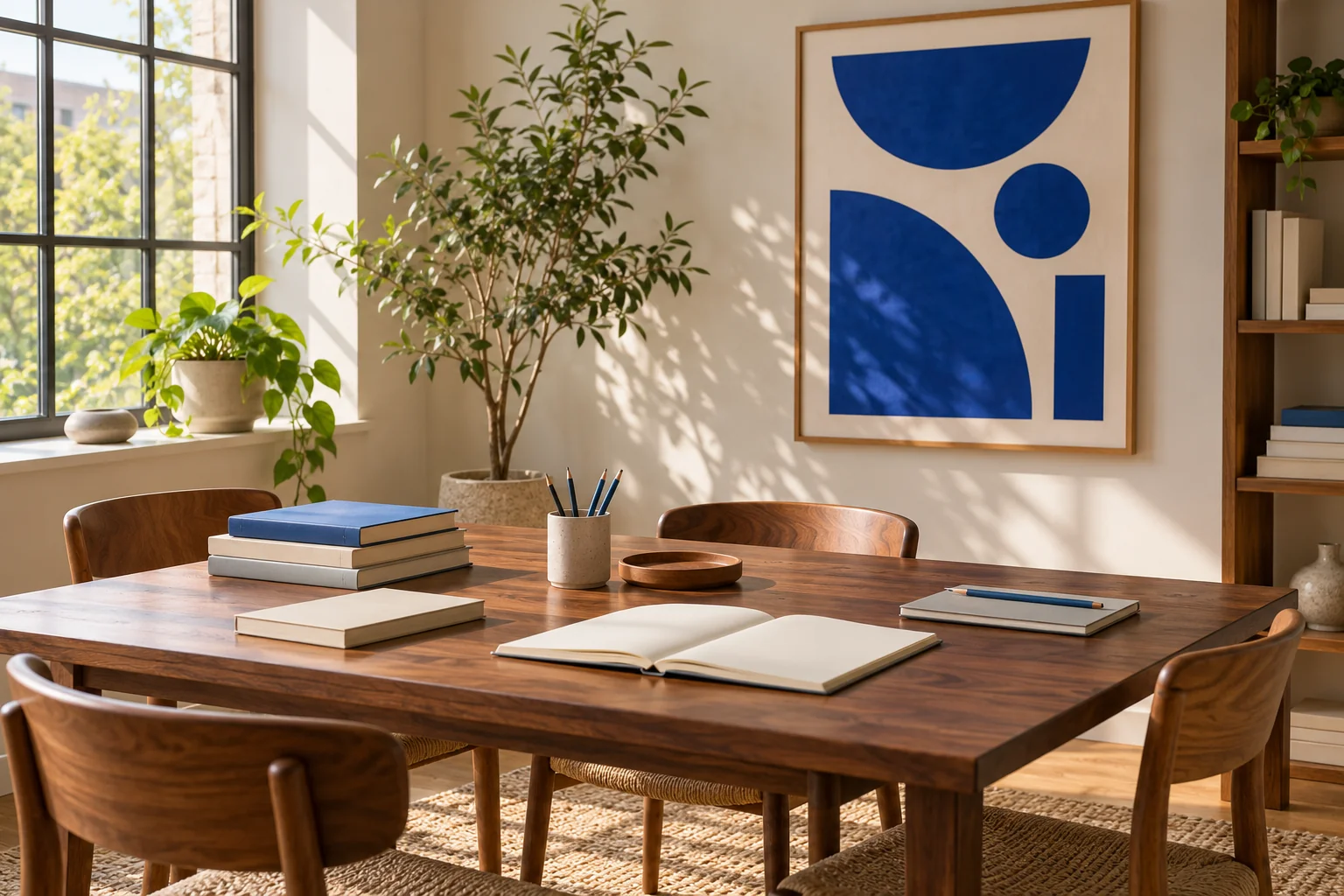 Espacio de aprendizaje ilustrativo con libros y materiales de formación en inteligencia artificial