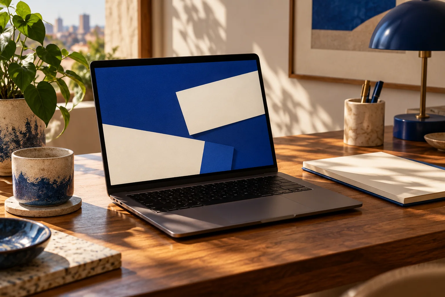 Mesa de estudio con computadora sin marca y materiales para aprender inteligencia artificial en el trabajo
